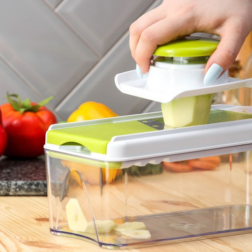 Овощерезка - шинковка со сменными насадками и контейнером Доляна Fresh Cook, 6 насадок, 14×12.5×38.1 см, белая, зелёная