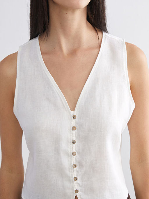 V Yaka %100 Keten Kad?n Klasik Yelek