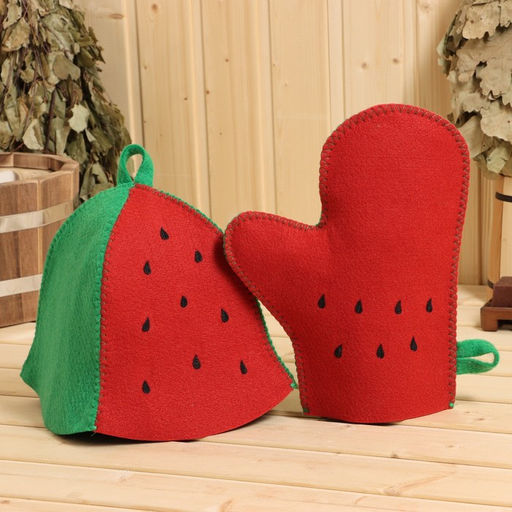 Набор для бани 3 предмета Арбуз коврик, рукавица, шапка - Simaland фото 3