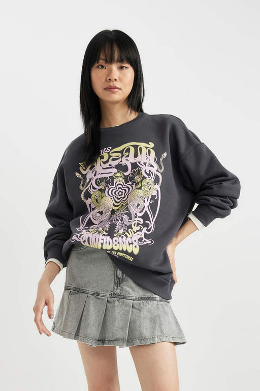 Толстый свитшот Cool Oversize с принтом и круглым вырезом - Defacto фото 3