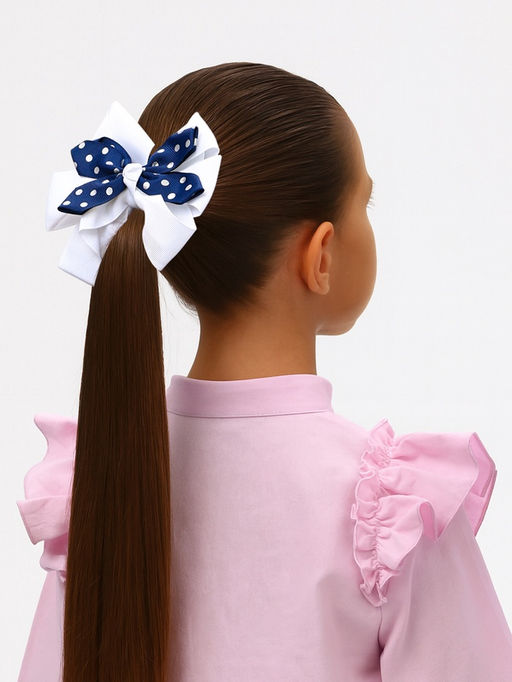 Цена за 6 шт. Резинка для волос «Школьница», бант двойной, горох, 13 см, бело-синяя