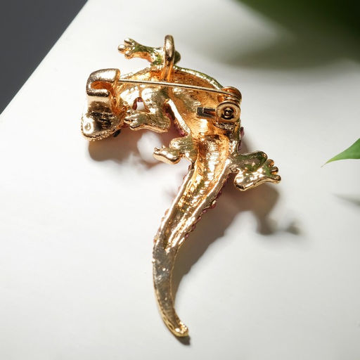 Брошь «Ящерица» тропическая, розово-зелёная в золоте
