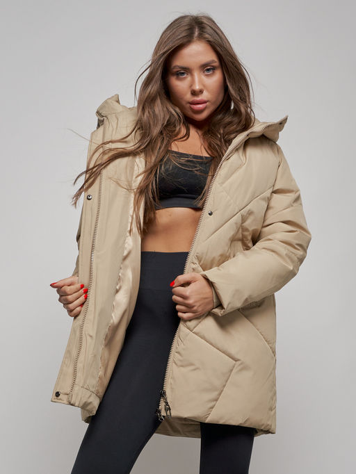 Зимняя женская куртка модная с капюшоном светло-коричневого цвета 52361SK - Holdluck фото 14