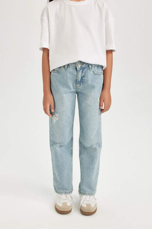 Джинсовые брюки прямого кроя с рваными деталями и прямыми карманами для девочек - Defacto фото 4