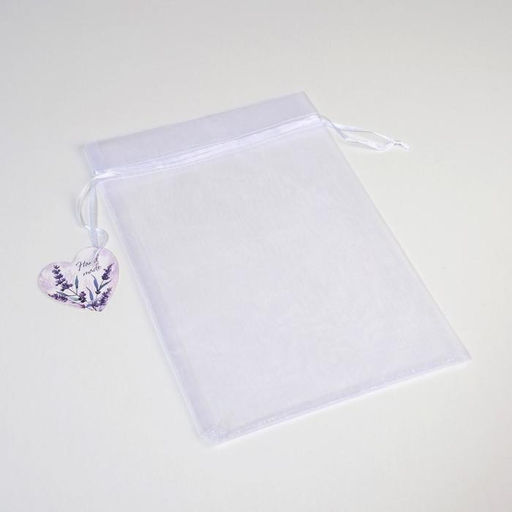 Цена за 10 шт. Мешочек подарочный органза белый «Лаванда», с шильдиком, 19 х 28 см +/- 1.5 см