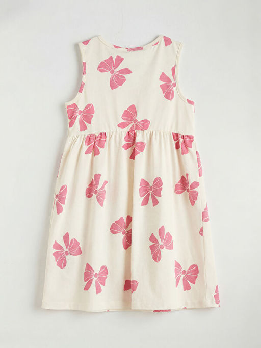 Bisiklet Yaka Fiyonk Bask?l? K?z ?ocuk Elbise