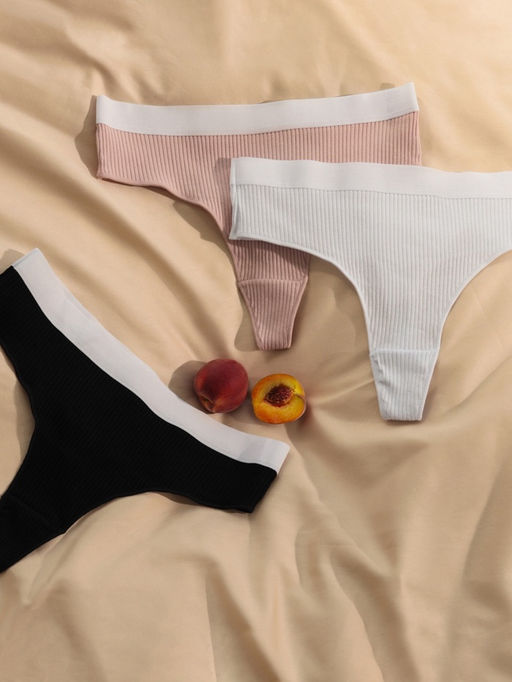 Трусы женские бразильяно MINAKU рубчик, набор 3 шт., размер 40-42, белые, бежевые, чёрные