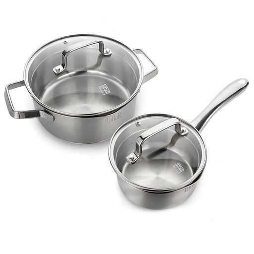 Набор посуды из нержавеющей стали Практис 2 штуки: кастрюля 2,9л - д20см, h9,5см, ковш 1,1л - д14см, h7,5см, s05мм, стеклянная крышка с ободом из нержавеющей стали и сливом, пароотовод, капсулированное дно, полировка снаружи - матовая, внутренняя - - Домашняя мода фото 2