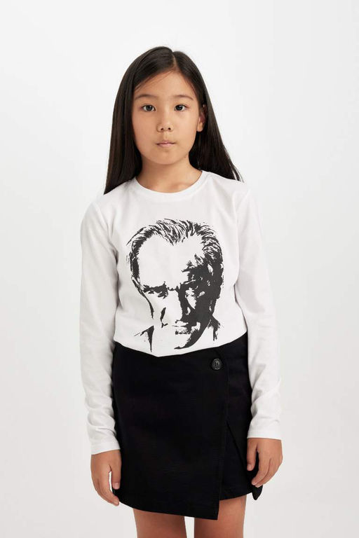 Футболка обычного кроя с круглым вырезом и принтом Ататюрка для девочек с длинными рукавами - Defacto фото 3