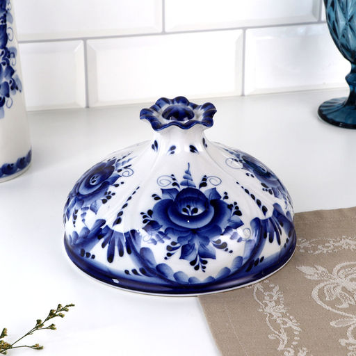 Блинница с крышкой «Цветок», блюдо, 24×15 см, фарфор, гжель