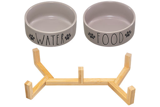 Набор 2 мисок для домашних питомцев 450 мл 28*14,5*6,5 см, с бамбуковой подставкой, серая