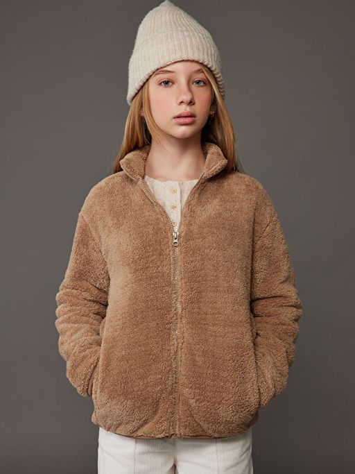 Dik Yaka Pel?? K?z ?ocuk Fermuarl? H?rka