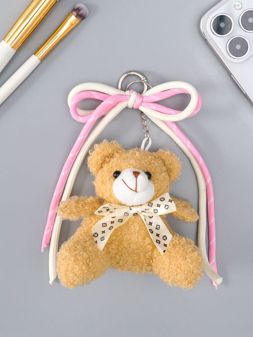 Брелок текстиль "Мишка с бело-розовым бантиком" бежевый 6х9,5х20 см