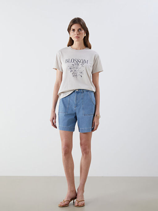 Bisiklet Yaka Bask?l? Kad?n Ti??rt