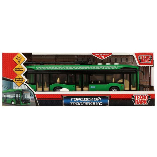 Технопарк. Городской троллейбус 19 см, пластик свет-звук 3 кноп, инер, зел, арт.KAMTROLL-20PL-GN