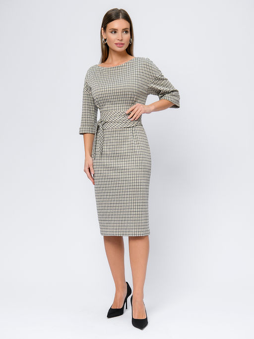 Платье бежевого цвета в клетку длины миди с широким поясом - 1001dress фото 2