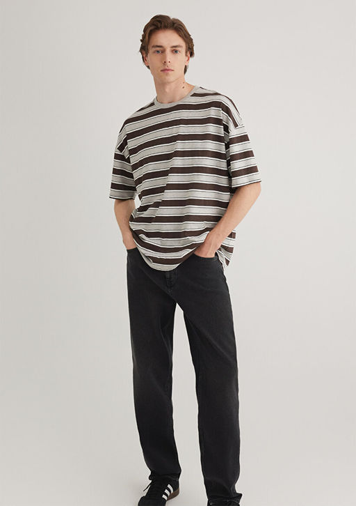 Kahverengi Cizgili tisort - Mavi фото 2