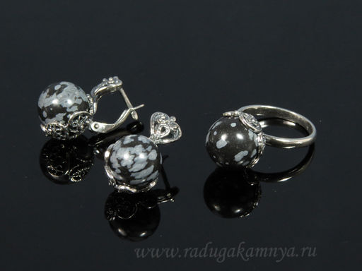 Кольцо Серьги с обсидианом размер 18