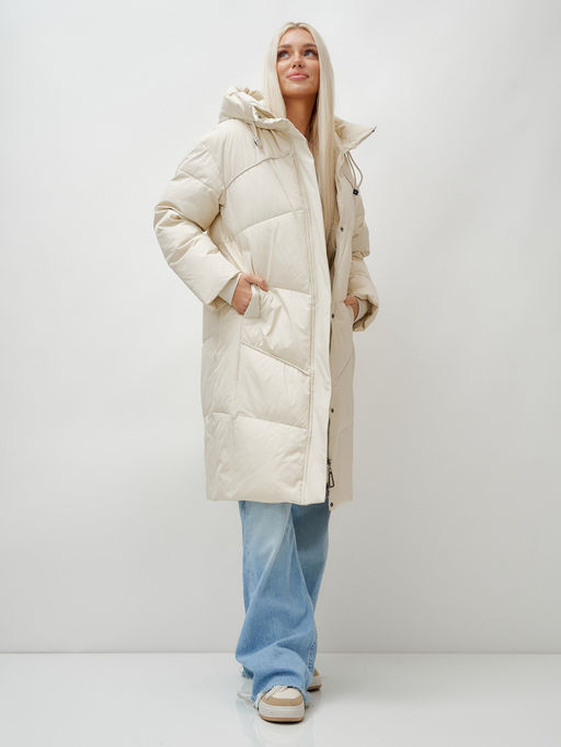 Пальто летучая мышь женское с капюшоном зимнее бежевого цвета 9616B - Mtforce фото 16