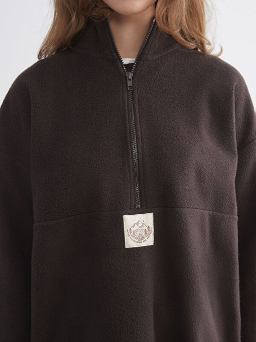 Dik Yaka Bask?l? Polar Kad?n Sweatshirt Tunik