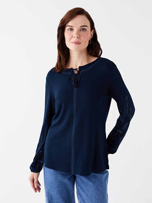 Ba?lamal? Yaka Desenli Uzun Kollu Kad?n Bluz