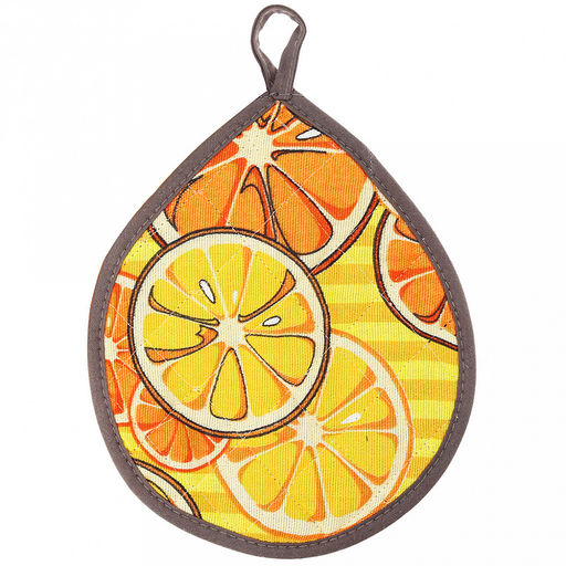 Кухонный комплект "Апельсинки, вид 5": прихватка-варежка 15х30см + прихватка 20х25см форма "Капелька", рогожка 171г/м2, хлопок 100%, наполнитель - ватин 280г/м2, на пластмассовом подвесе, "Домашняя мода" (Россия)