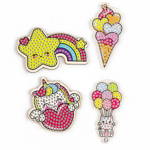 Алмазная мозаика 4в1 для детей. Создание стикеров, магнитов, брелоков и картины «Сказочные Единорожки», набор для творчества