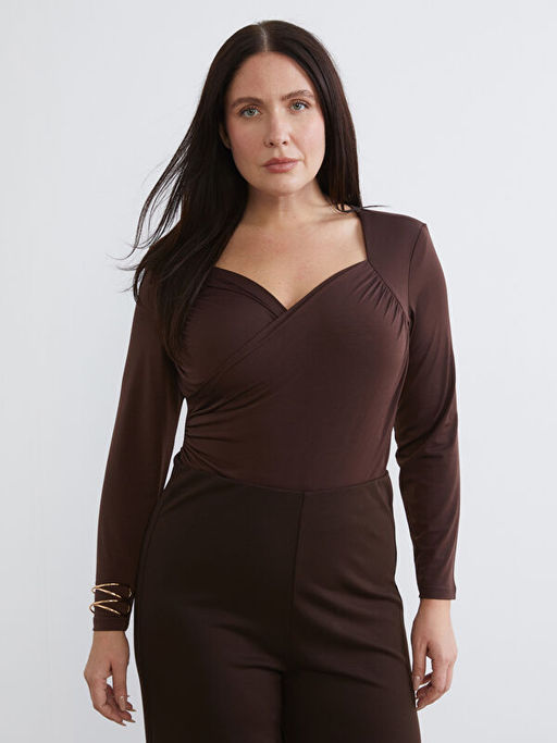 B?y?k Beden Kalp Yaka B?zg?l? Kad?n Bodysuit