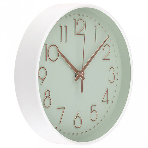 Часы настенные "Меркурий" д19,4см, h4см, мягкий ход, циферблат светло-зеленый; цифры арабские, розовое золото; корпус пластик, белый глянец; в коробке (Китай)