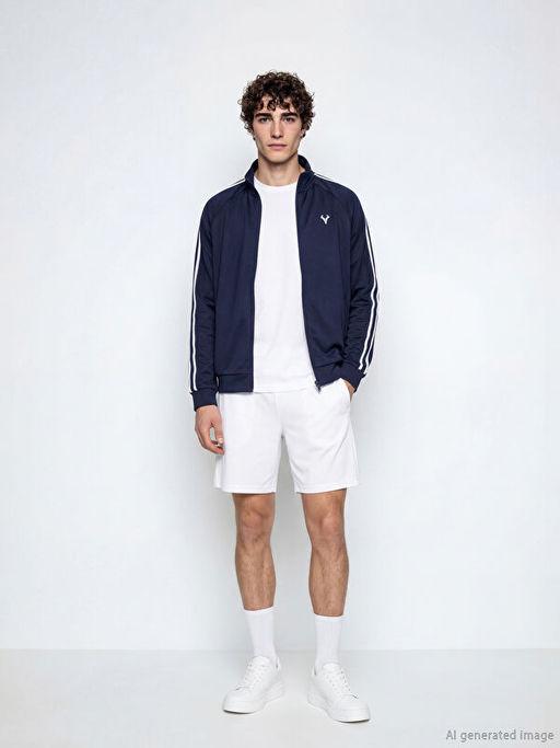 Dik Yaka ?eritli Erkek Fermuarl? Sweatshirt