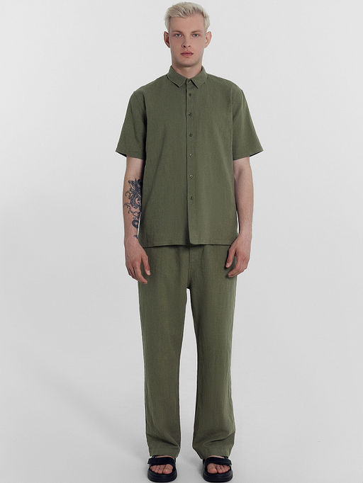 Рубашка мужская оливково-зеленая из хлопка и льна - Mark formelle фото 4