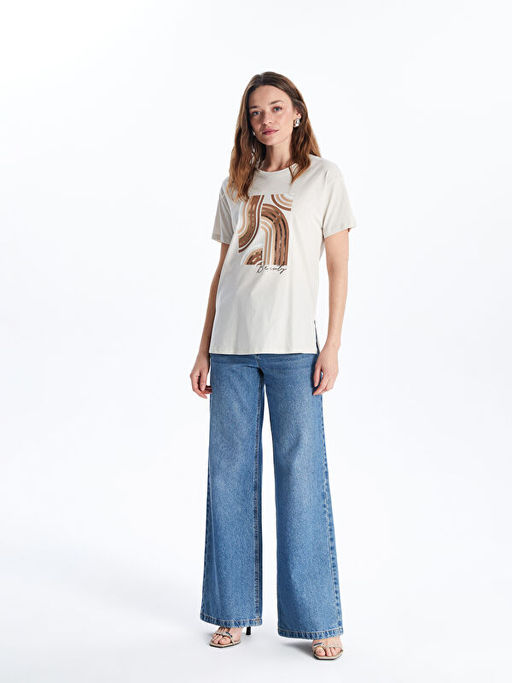 Bisiklet Yaka Bask?l? Kad?n Ti??rt