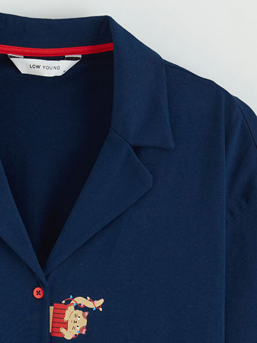 G?mlek Yaka Bask?l? Kad?n Pijama ?st?