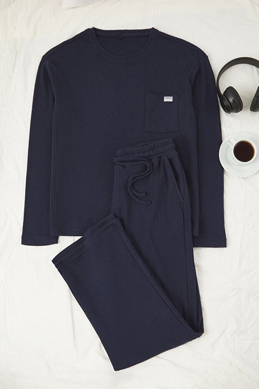 Lacivert Regular Fit Cepli Etiket Detayl_ Yumu_ak Tu_eli Kal_n _rme Pijama Tak_m_ TMNAW26PT00000