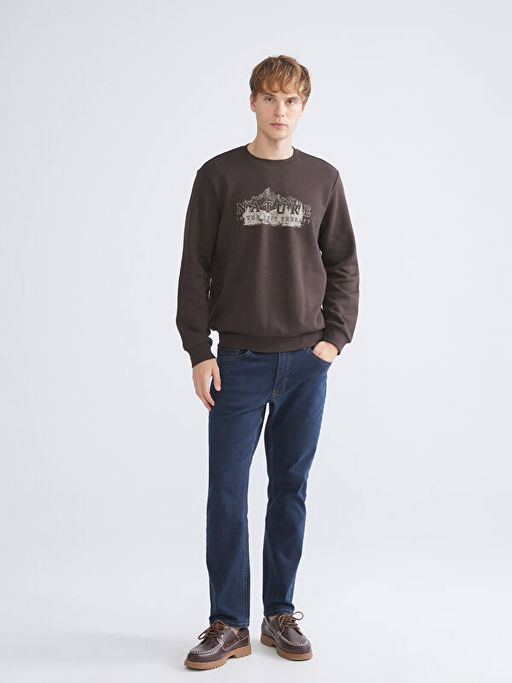 Bisiklet Yaka Bask?l? Erkek Sweatshirt