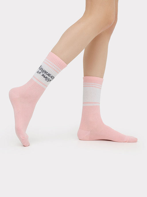 Цена за 5 пар! Носки женские розовые с рисунком в виде надписи Усеагульная млявасць...