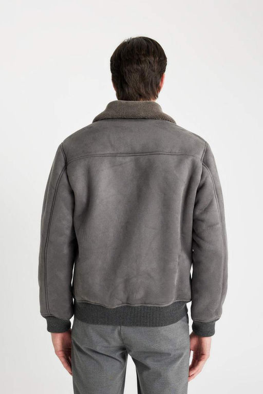 Замшевое пальто приталенного кроя с воротником-поло на подкладке - Defacto фото 6