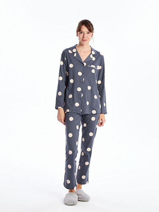 G?mlek Yaka Puantiyeli Uzun Kollu Hamile Pijama Tak?m?