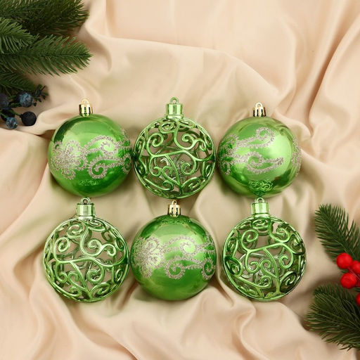 Ёлочные игрушки Эстер, шары новогодние, набор d=8 см, 6 шт., узор, зелёный