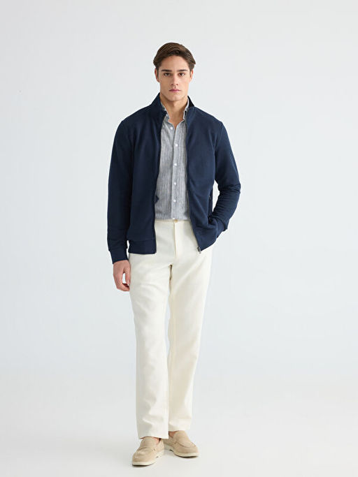 Standart Kal?p Dik Yaka Erkek Fermuarl? Sweatshirt