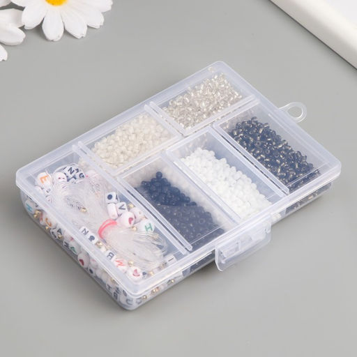 Бисер стекло 8/0 в шкатулке «Чёрно-белый», бусины + нить 0.8 мм, 5 м, 12×8.4×2.2 см