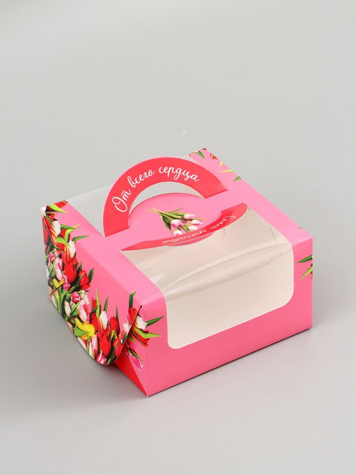 Цена за 5 шт. Коробка под бенто - торт с окном С 8 марта!, 14?14?8 см