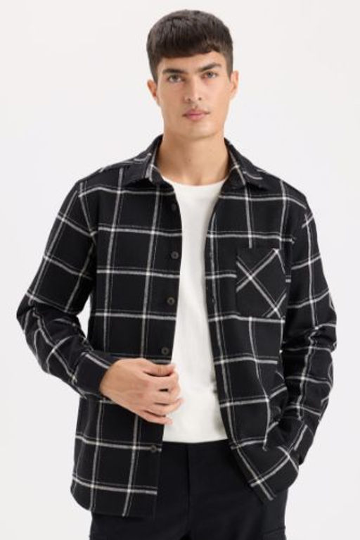 Regular Fit Polo Yaka Kareli Flanel Uzun Kollu Gomlek