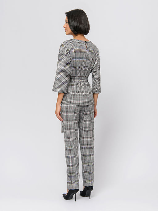 Блуза серого цвета в розовую клетку с поясом и рукавами 3/4 - 1001dress фото 3