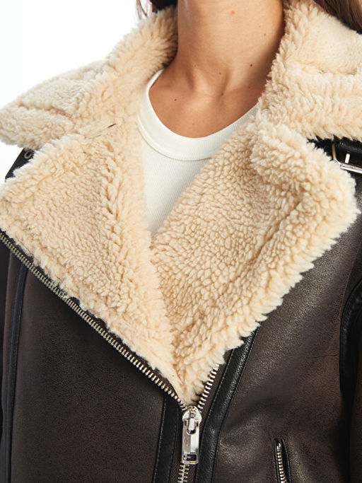 Biker Yaka D?z Oversize Kad?n Deri G?r?n?ml? Mont - Waikiki фото 3