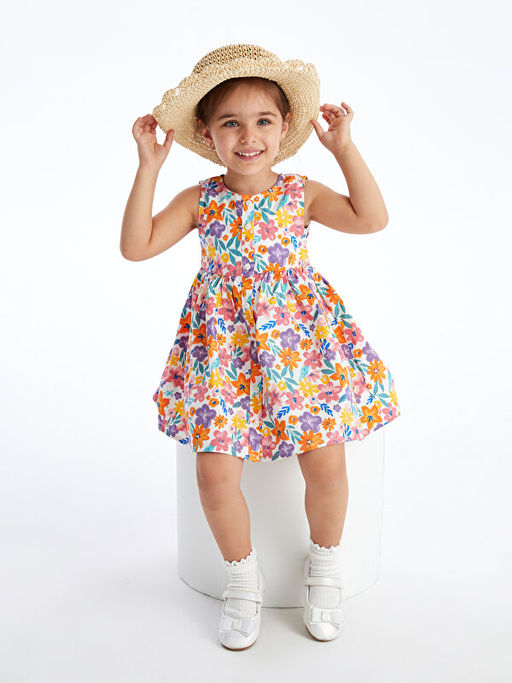 Bisiklet Yaka ?i?ekli Poplin K?z Bebek Elbise