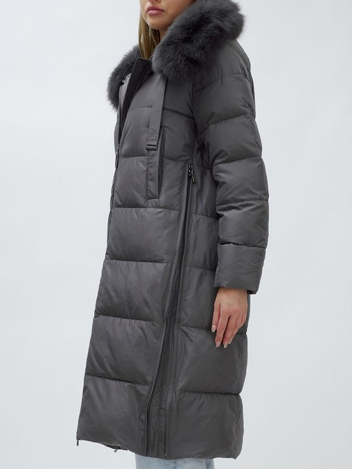 с натуральным мехом песца класса Люкс Бренд Visdeer Пальто зимние темно-серого цвета  фото 14