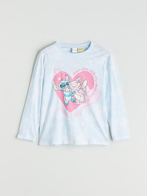 Bisiklet Yaka Stitch ve Angel Bask?l? K?z ?ocuk Pijama ?st