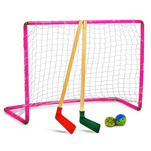 Хоккейный набор с мини воротами для игры дома и на улице. Комплект: 2 клюшки, ворота с сеткой, шайба, мячик (в коробке)