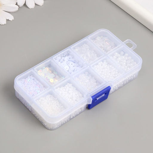 Бисер стекло 8/0, 12/0 в шкатулке «Белый», бусины, стеклярус и пайетки, 13×6.5×2.3 см